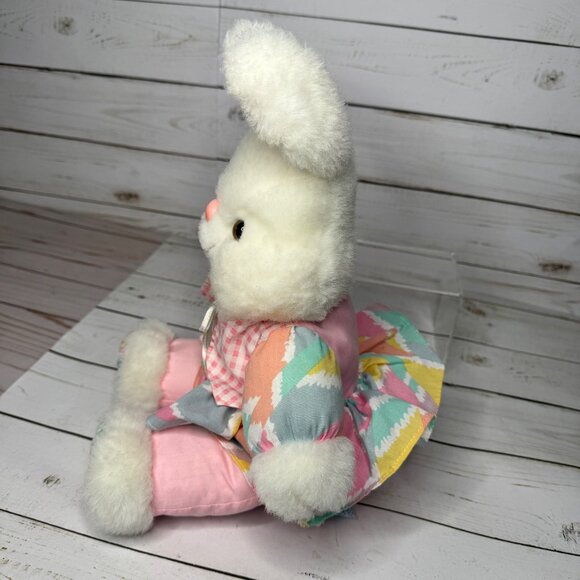 Vintage Plush Bunny Rabbit Doll 14" Pastel Rainbow Dress Gingham Bow Easter Toy - Picture 6 of 8